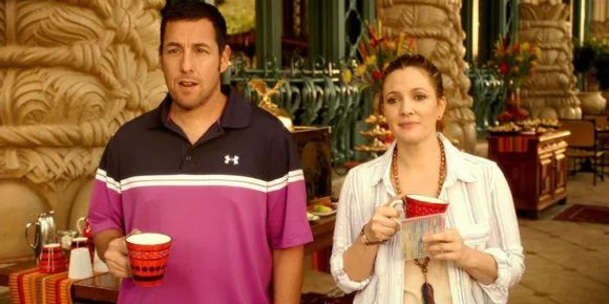 Adam Sandler and Drew Barrymore drinking coffee in Blended