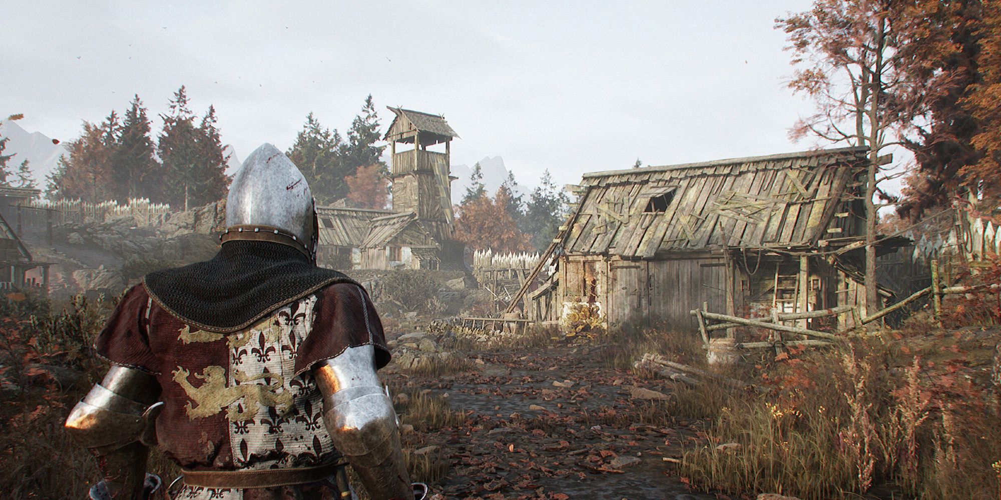 An armored knight surveying some ruined wooden buildings in Blight: Survival.