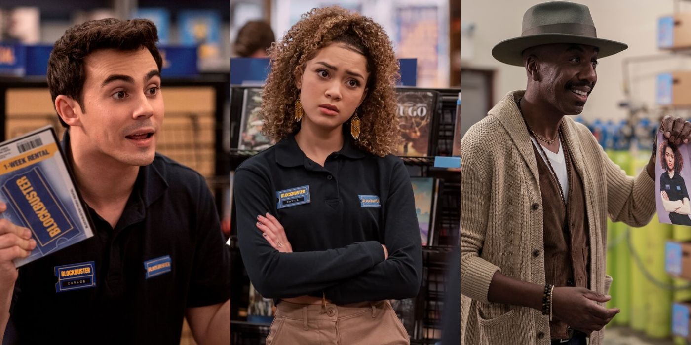 Split image of Carlos, Kayla and Percy in Blockbuster 