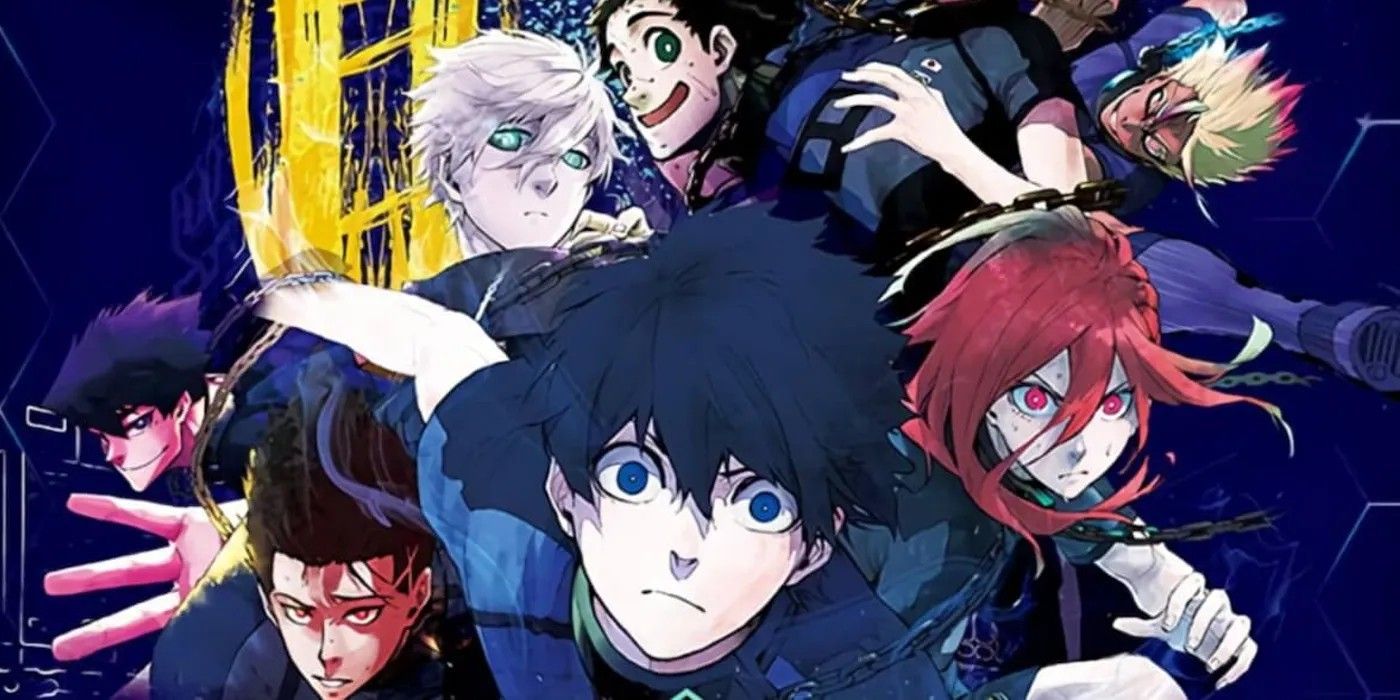 Blue Lock official full color manga cover art featuring the main cast charging toward the camera.