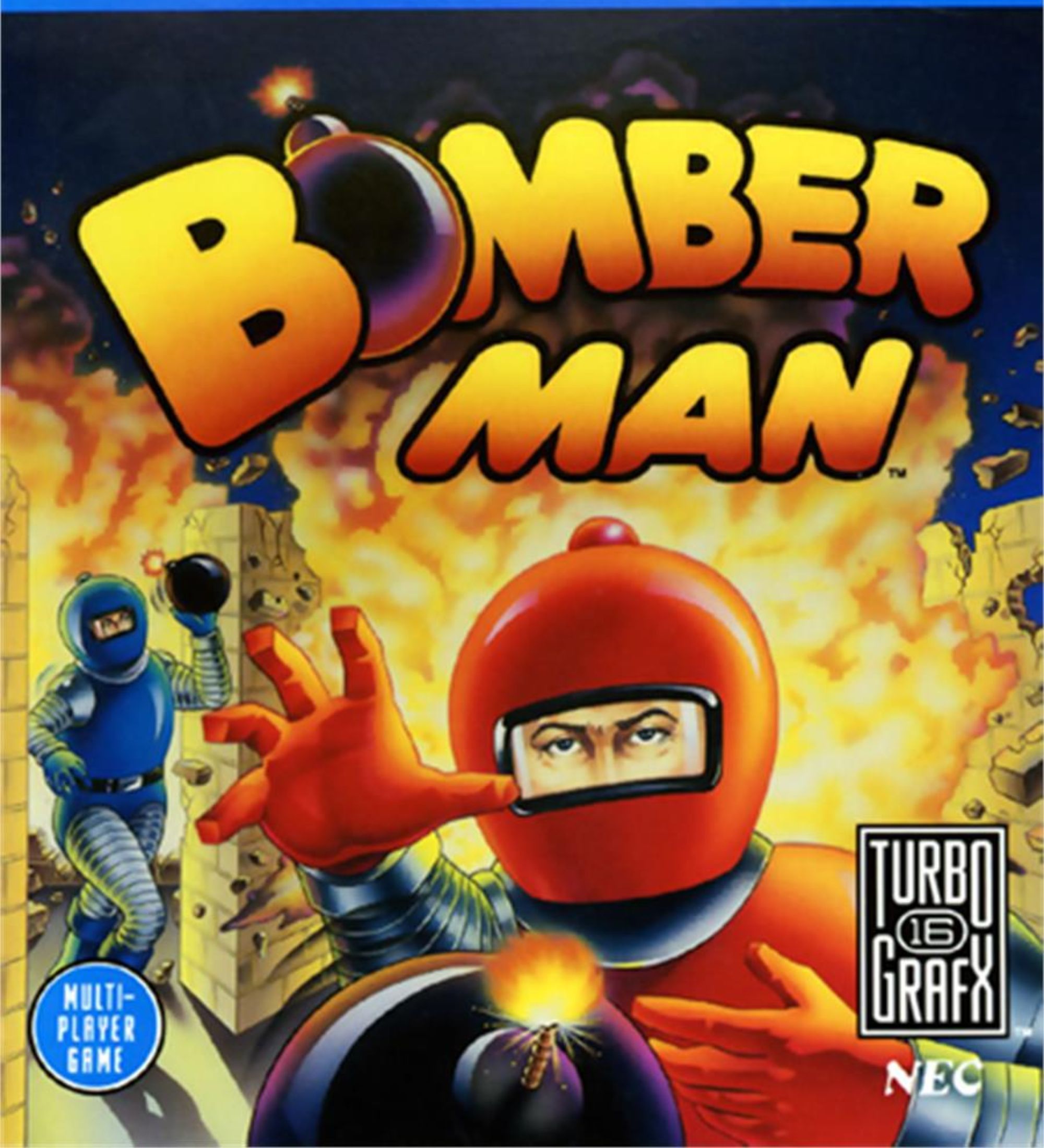 Bomberman box art dois homens em ternos vermelhos e azuis jogam bombas na frente de um fundo explodindo