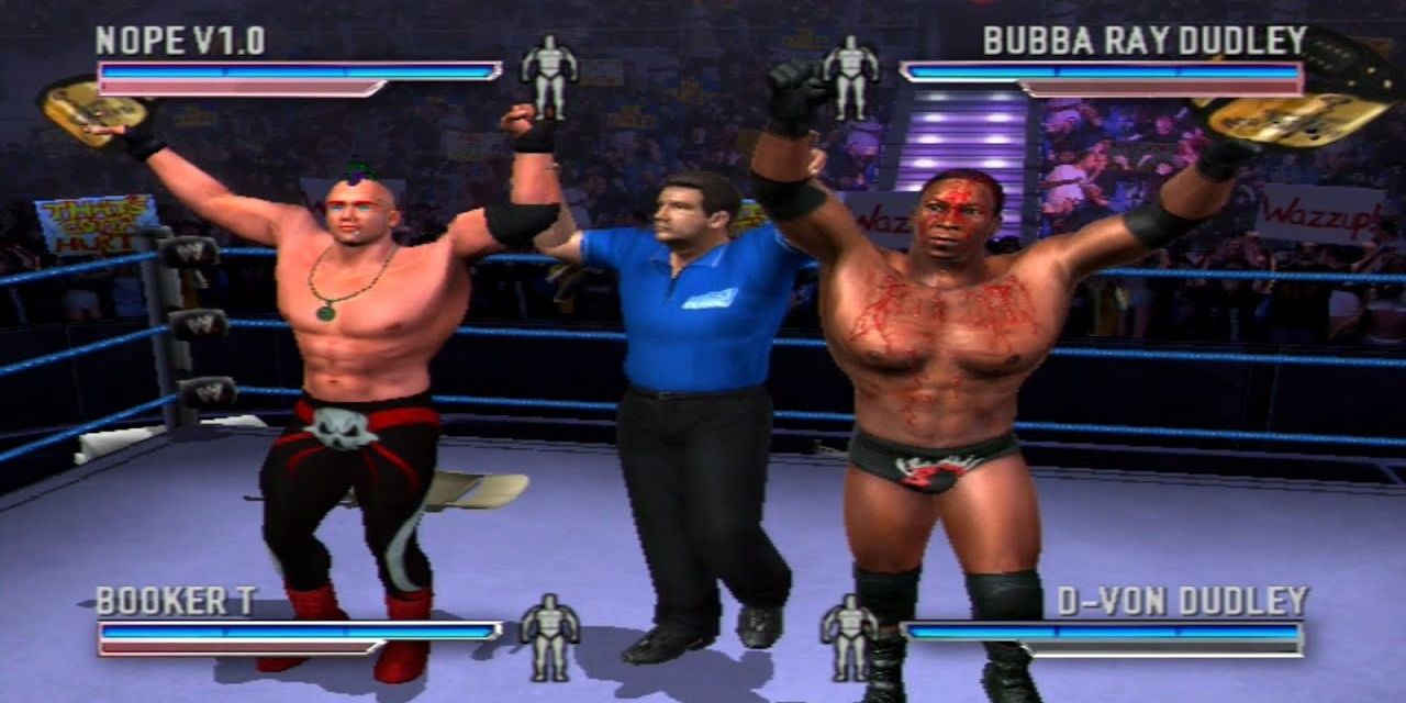 Booker T and D Von Dudley winning a match in WWE WrestleMania 21 