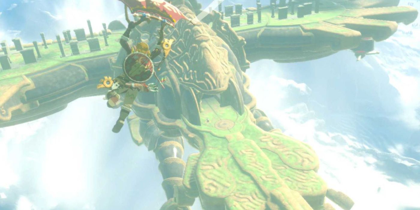 Link gliding toward the flying Divine Beast Vah Medoh in Breath of the Wild.