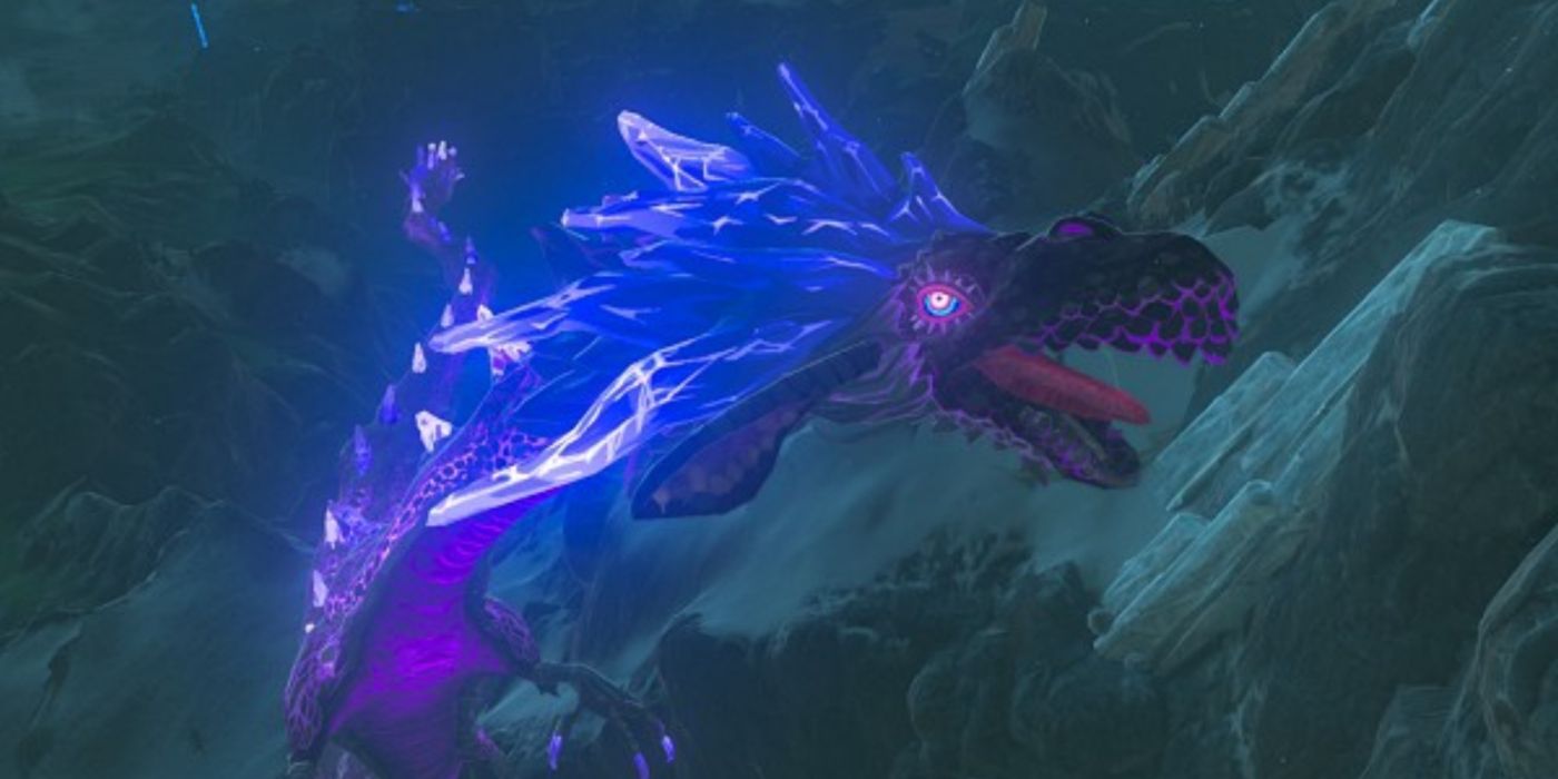 The dragon Naydra with its scales glowing blue in Breath of the Wild.