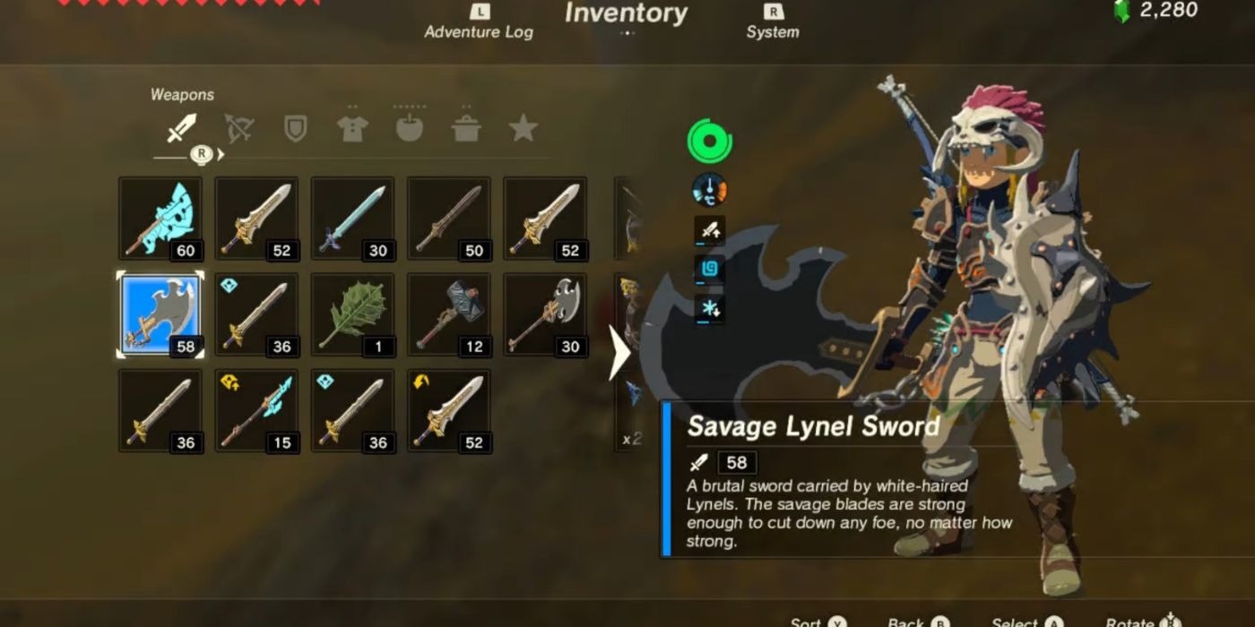 Link wielding the Savage Lynel Sword in Breath of the Wild's inventory menu.