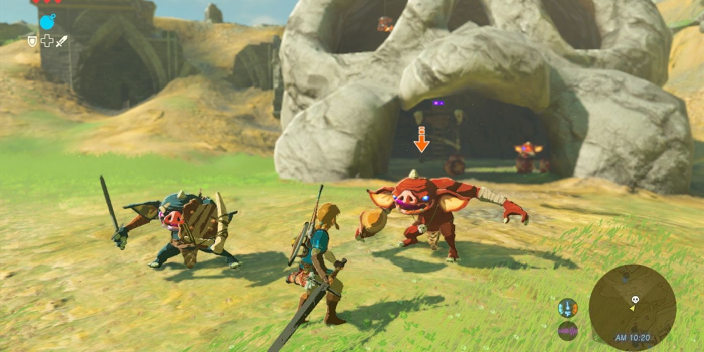 Link fighting a group of Bokoblins in Breath of the Wild outside their skull-shaped, stone lair.