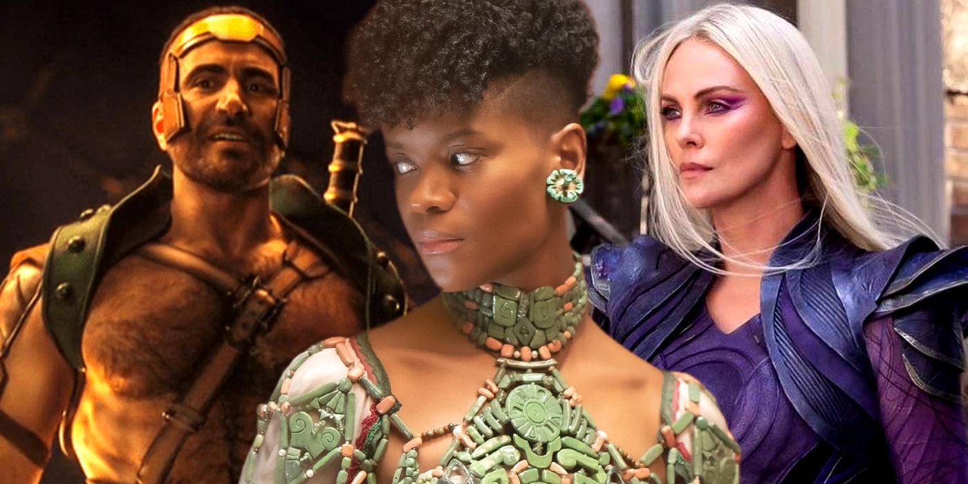 Brett Goldstein as Hercules in Thor Love and Thunder, Letitia Wright as Shuri in Black Panther Wakanda Forever, and Charlize Theron as Clea in Doctor Strange in the Multiverse of Madness