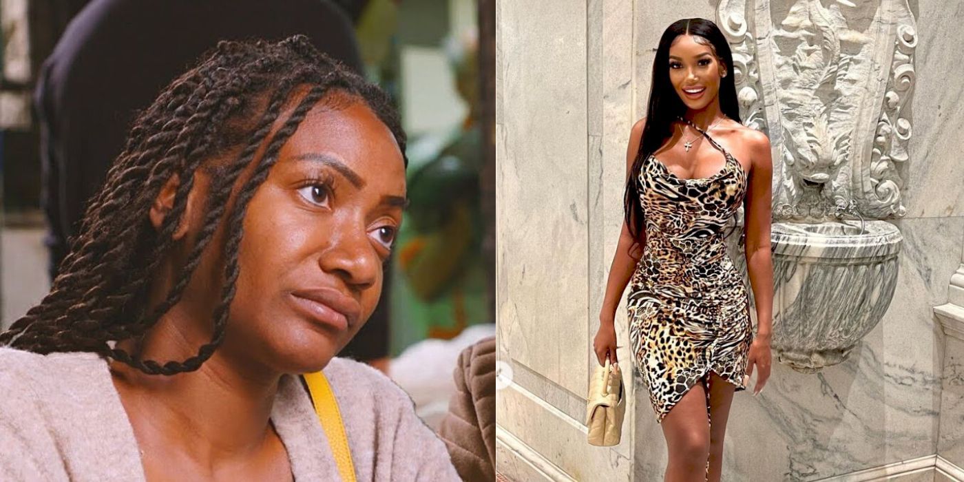 Split image of a sad Brittany on 90 Day Fiancé, and a slimmer and happier Brittany posing.