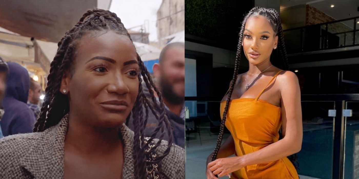 Split image of Brittany with a rounder face on 90 Day Fiance and Brittany leaner wearing an orange dress