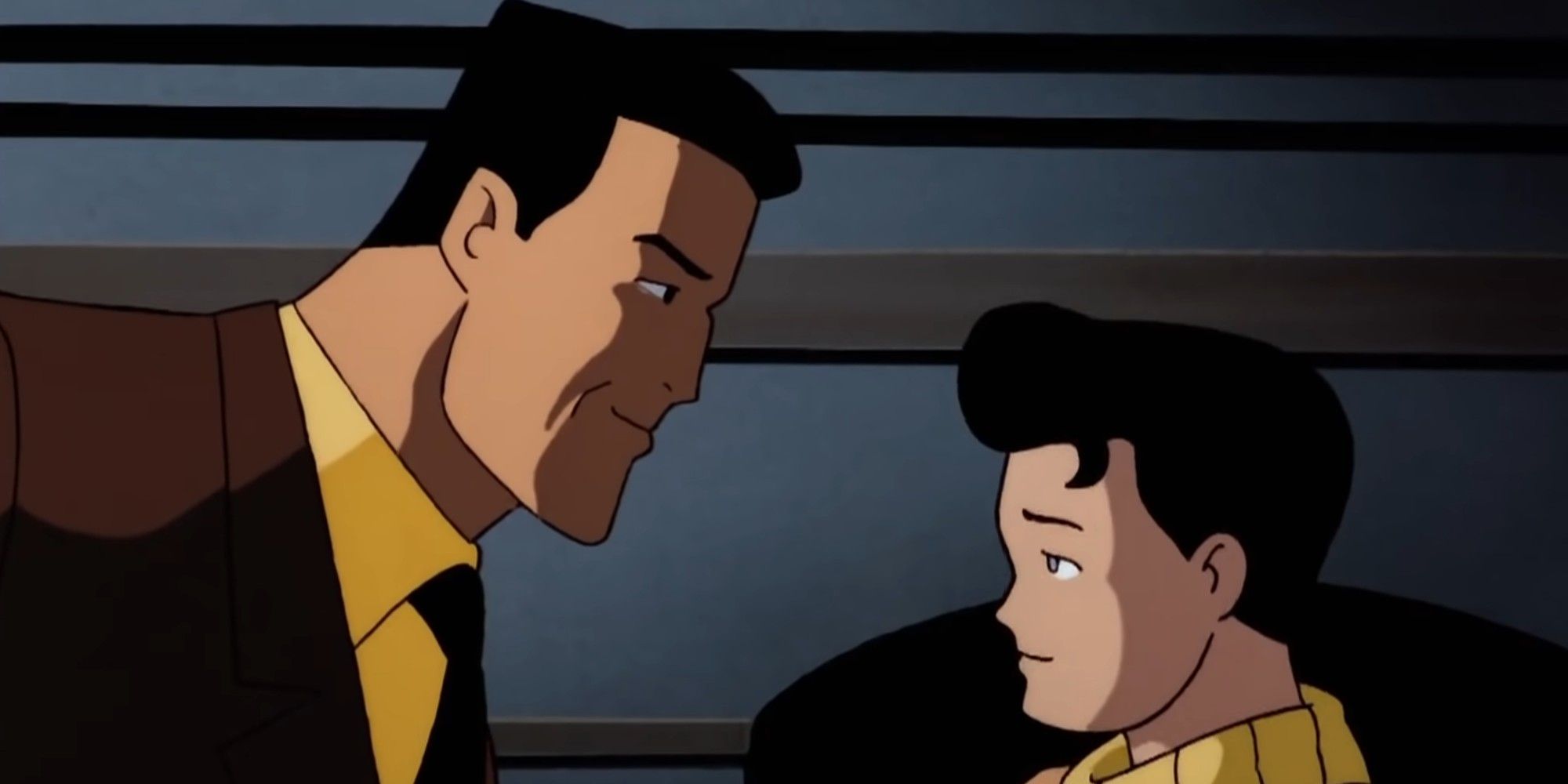 Bruce Wayne encontrando um jovem Dick Grayson em Robin's Reckoning of Batman The Animated Series