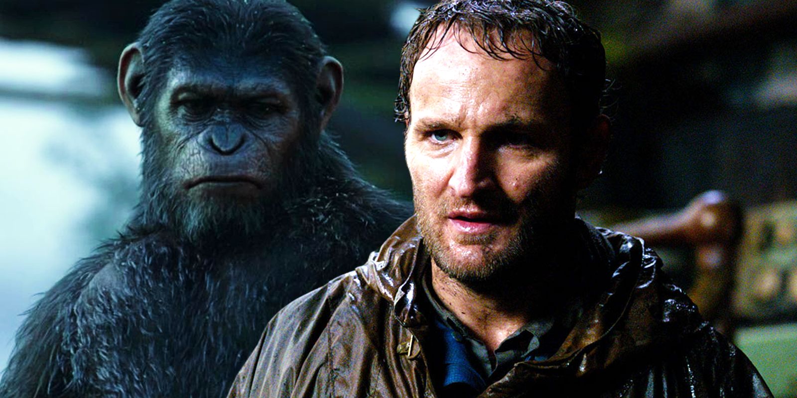 Caesar and Malcolm looiking sideways in Dawn of the Planet of the Apes