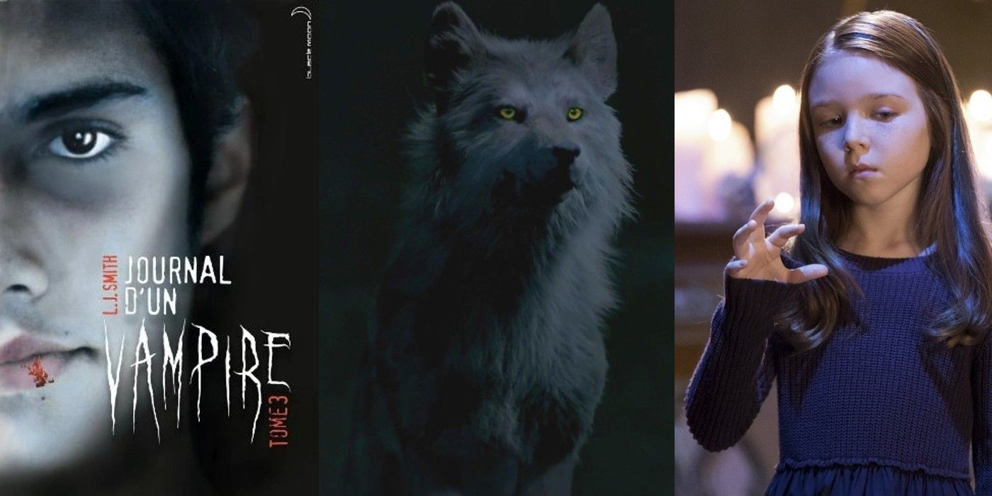 Imagem dividida de Caleb Smallwood dos livros The Vampire Diaries e Hope Mikaelson em estados de lobo e bruxa
