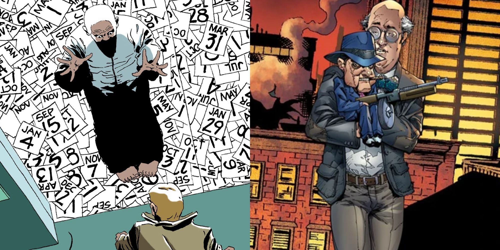 Split image showing Calendar Man and The Ventriloquist in DC Comics.