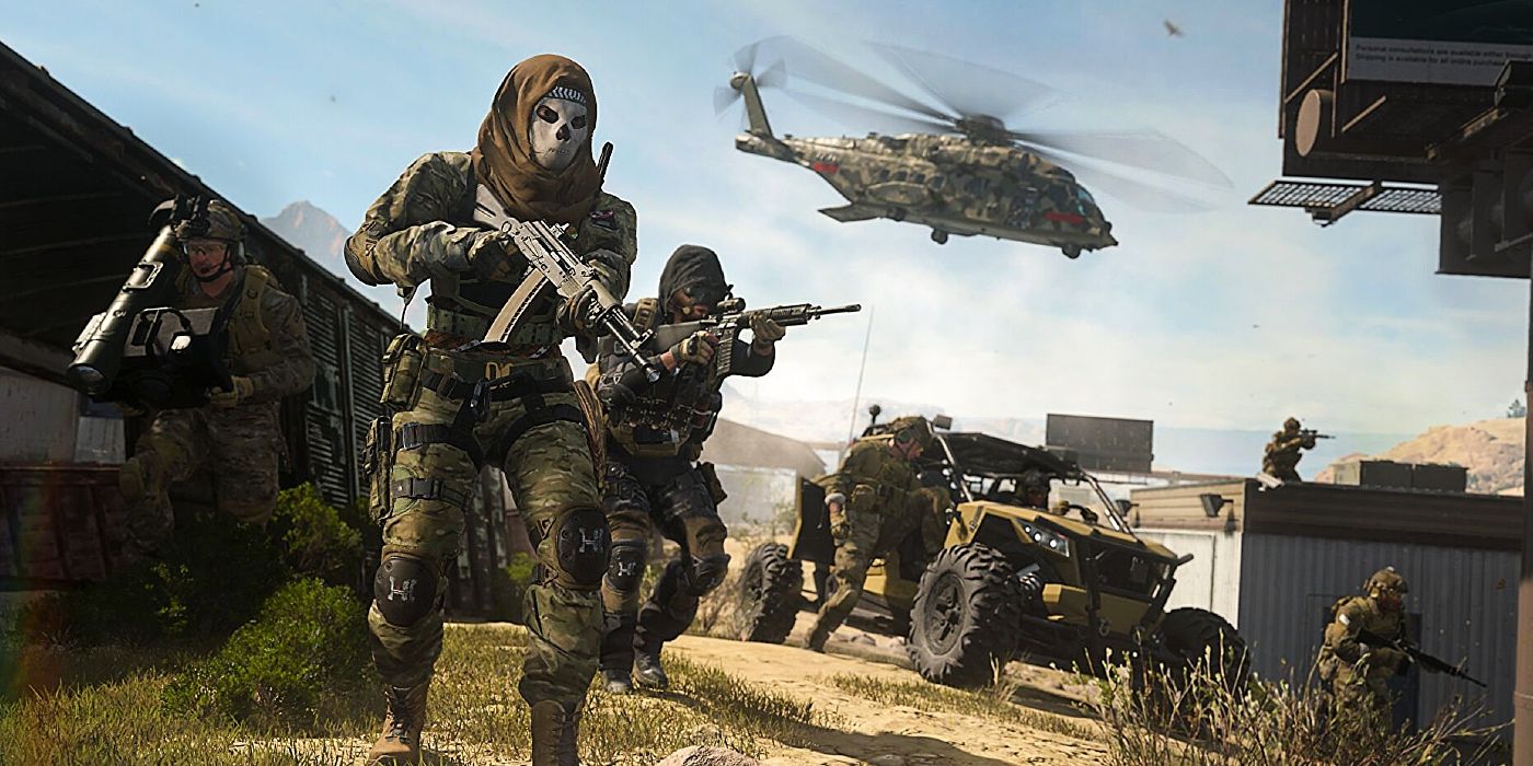 Image of a squad of soldiers led by Farah wearing a Ghost mask, with a helicopter and car riding into battle just behind them.