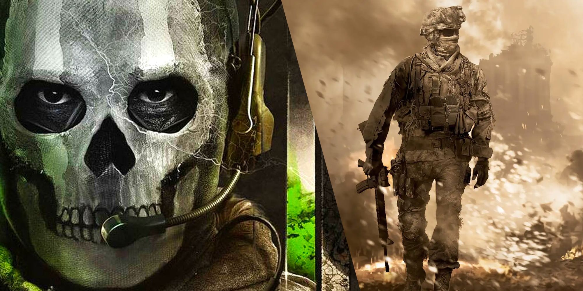 Image of Ghost from 2022's MW2 next to the 2009 MW2 logo of a lone soldier.