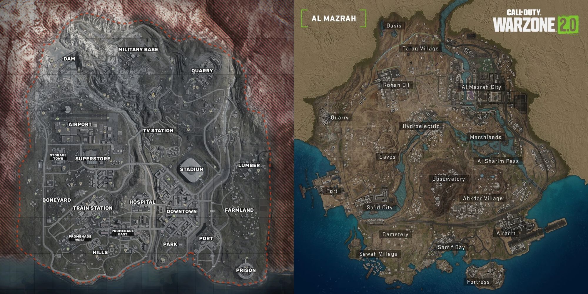 Uma comparação lado a lado dos mapas de Verdansk e Al Mazrah de Call of Duty Warzone.