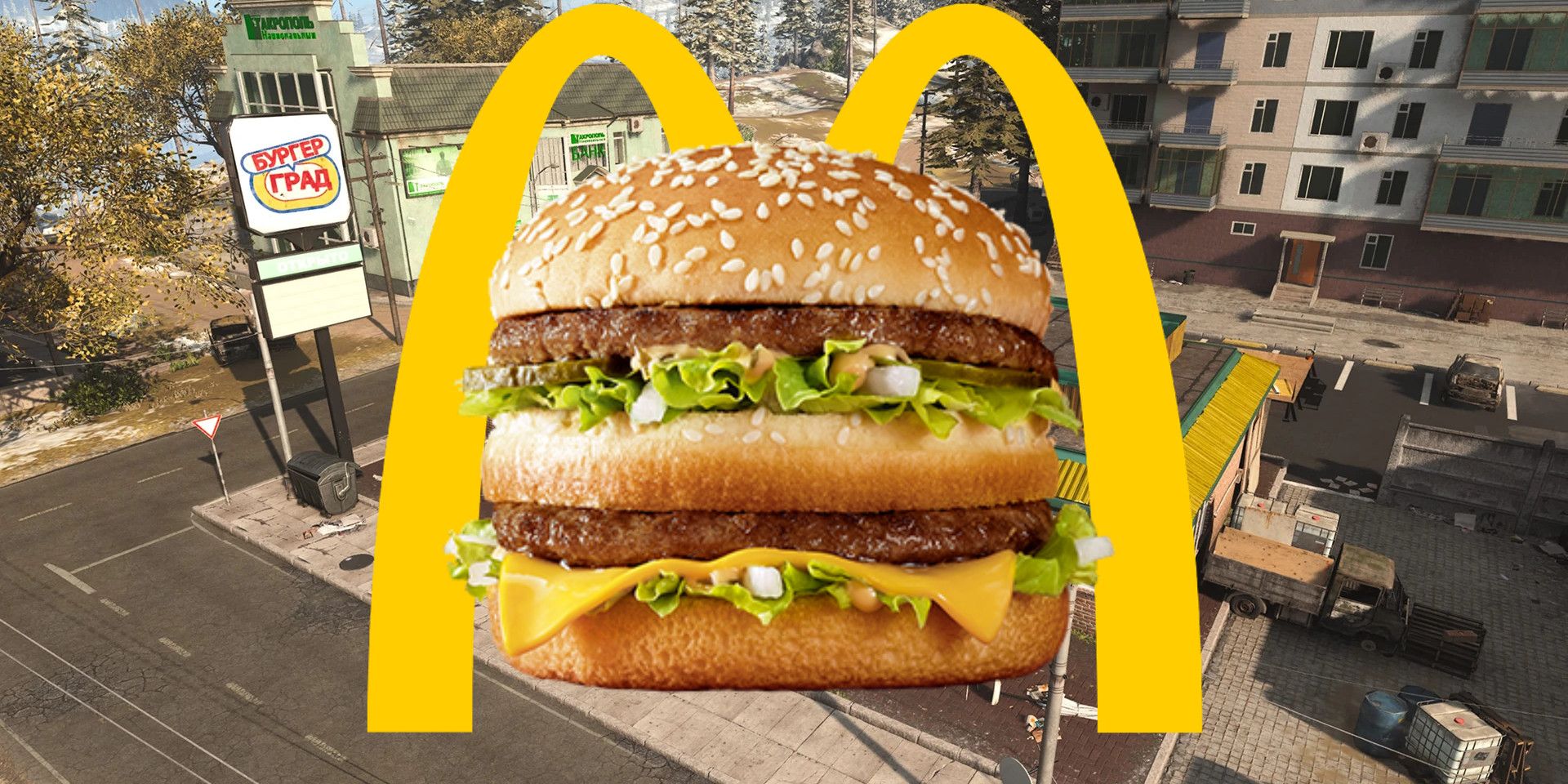 The McDonald's logo and a Big Mac in front of the Verdansk Burger Town from Call of Duty Warzone