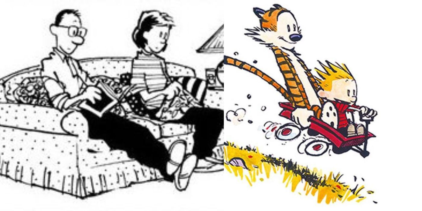 split image of Calvin's parents and Calvin & Hobbes 