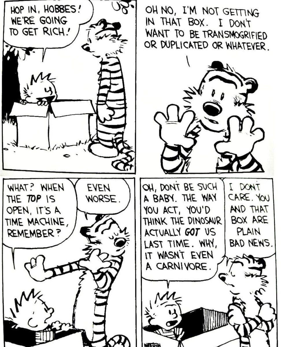 Calvin and hobbes discuss getting into a cardboard box, Calvin says it's a time machine, Hobbes is dubious.