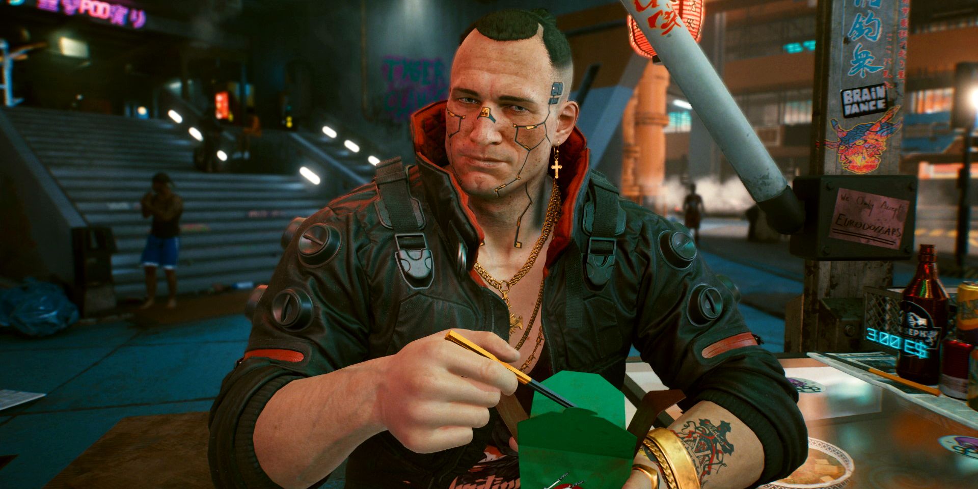 Jackie Welles eating noodles in Cyberpunk 2077.