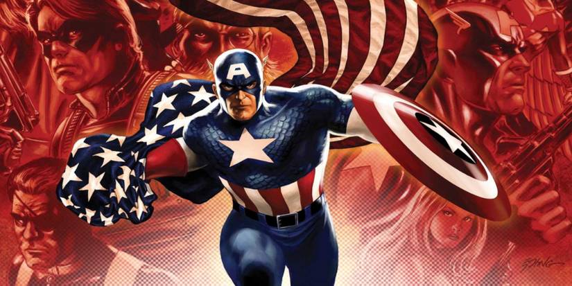 Captain America wielding his shield and the American flag with his supporting cast in the background.