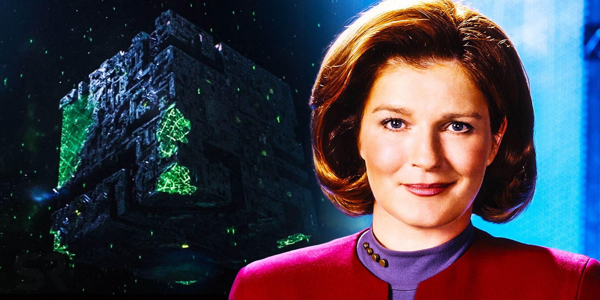 Captain Janeway and a Borg Cube from Star Trek.