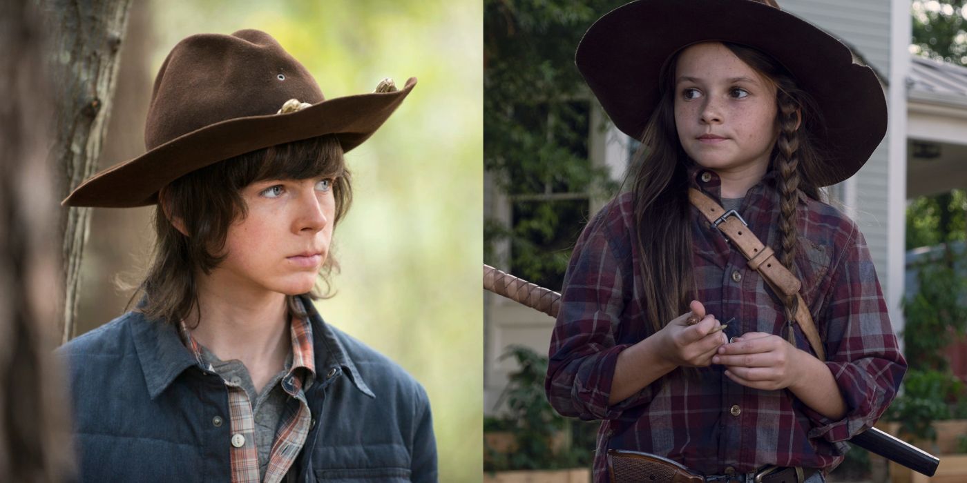 Carl dan Judith sama-sama memakai topi sheriff Rick di The Walking Dead. 
