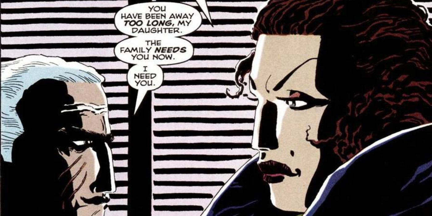 Carmine Falcone talks to his daughter Sofia in Batman The Long Halloween.