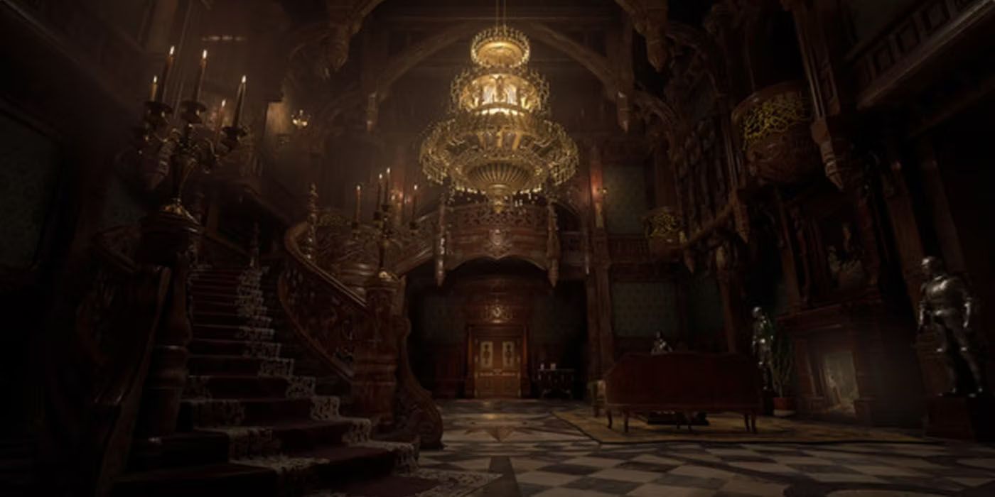Uma foto do interior do Castelo Dimitrescu de Resident Evil Village, com uma escada e um lustre
