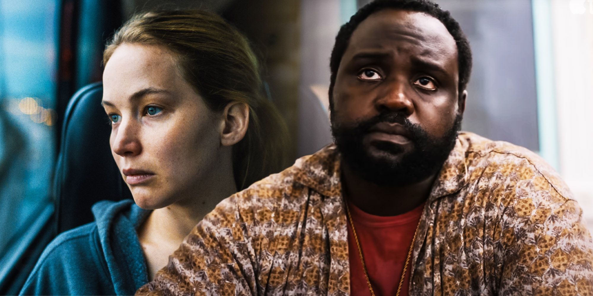 A split screen of Brian Tyree Henry and Jennifer Lawrence in Causeway.