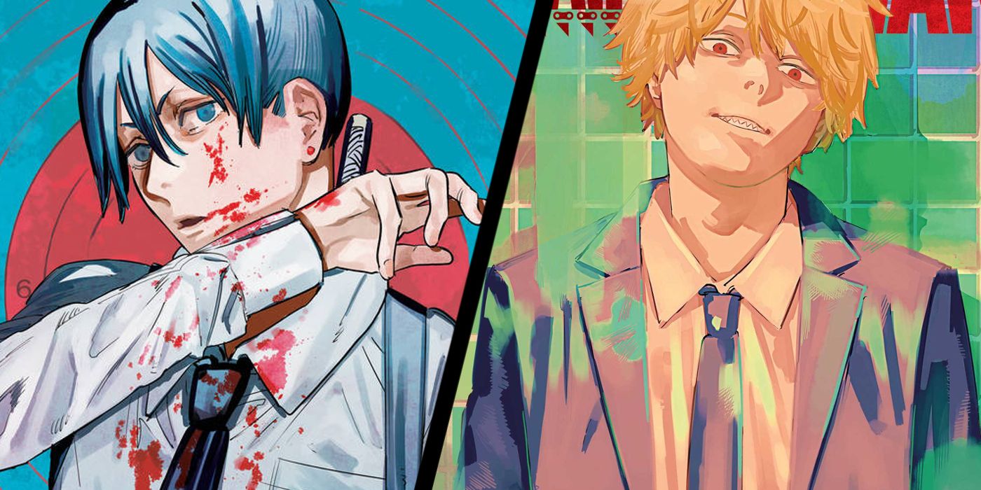 Chainsaw Man's Denji and Aki from their volume covers.