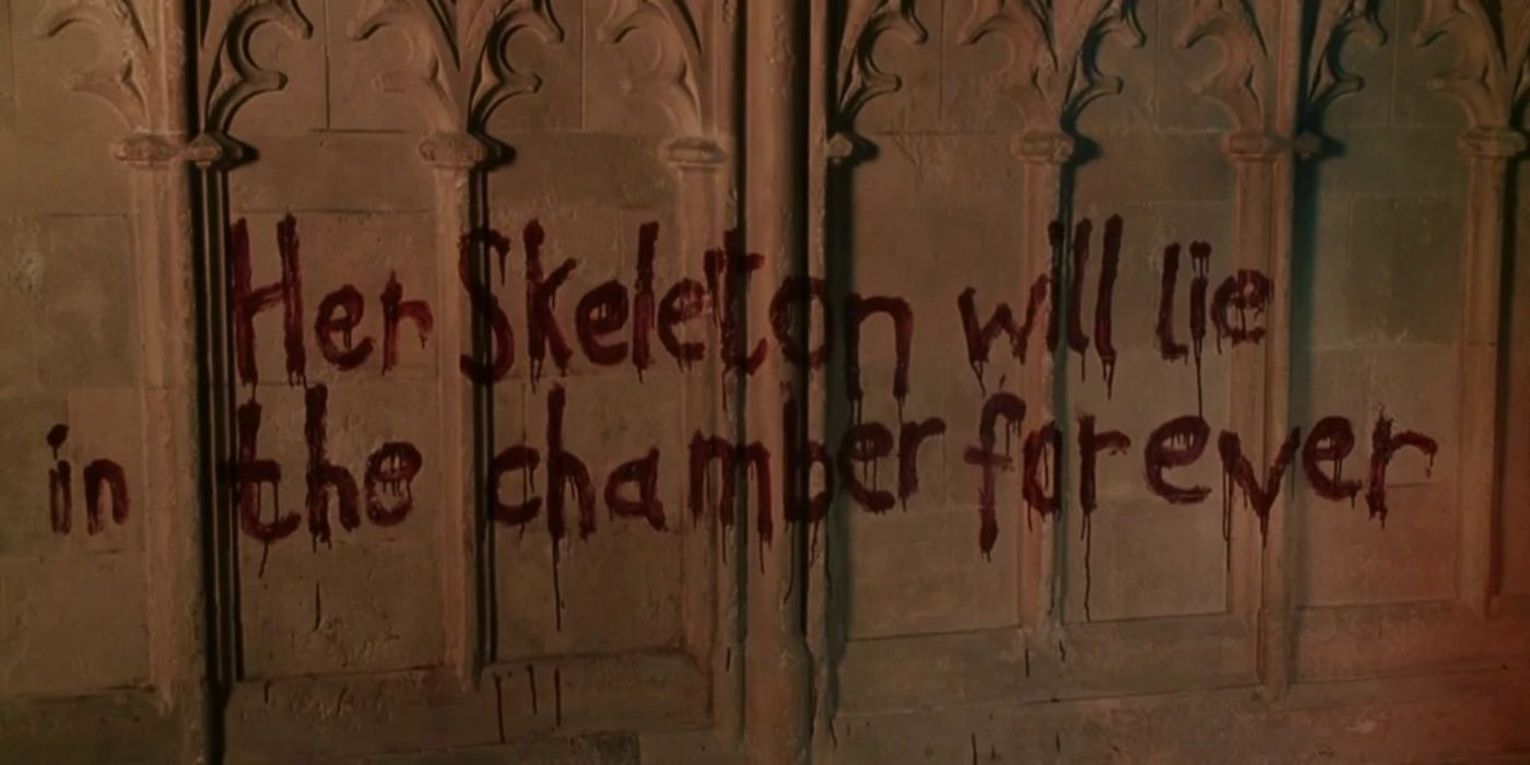 Bloody writing on the wall that reads "Her Skeleton will lie in the Chamber forever" from Harry Potter. 
