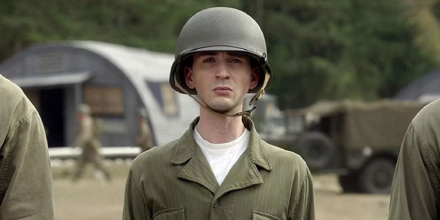 Chris Evans as Skinny Steve Rogers wearing an army uniform in Captain America: The First Avenger.