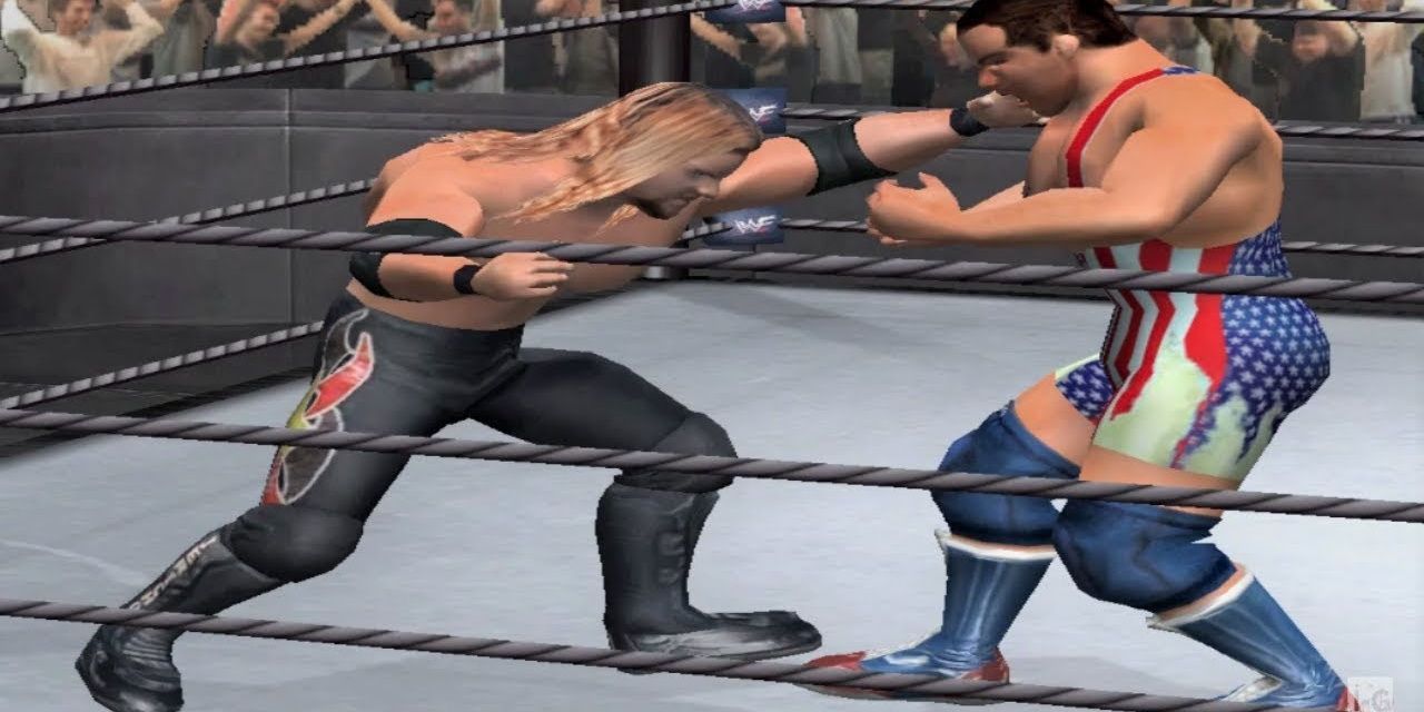 Chris Jericho and Kurt Angle fighting in Wrestlemania X8 