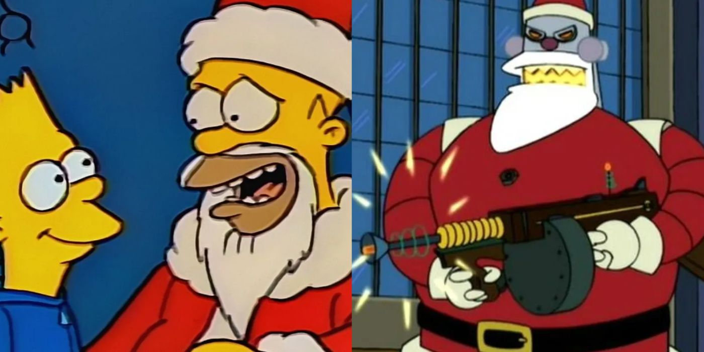 Bart with Homer dressed as Santa in The Simpsons and a robot Santa with a gun in Futurama. 