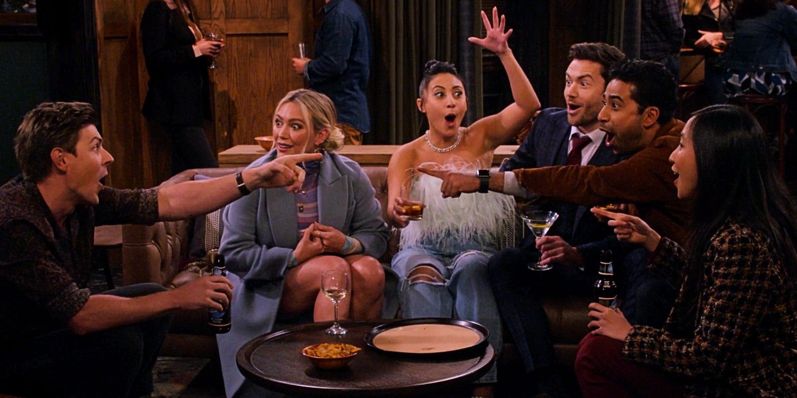 Christopher Lowell as Jesse, Francia Raisa as Valentina, Hilary Duff as Sophie, Tom Ainsley as Charlie, Suraj Sharma as Sid, and Tien Tran as Ellen in How I Met Your Father season 1
