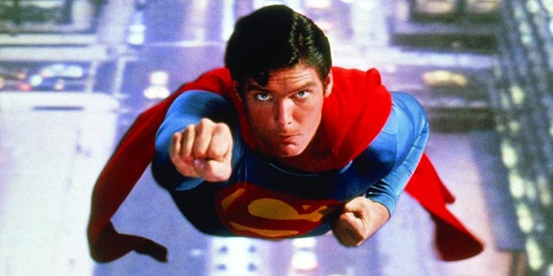Christopher Reeve flying over Metropolis in Superman