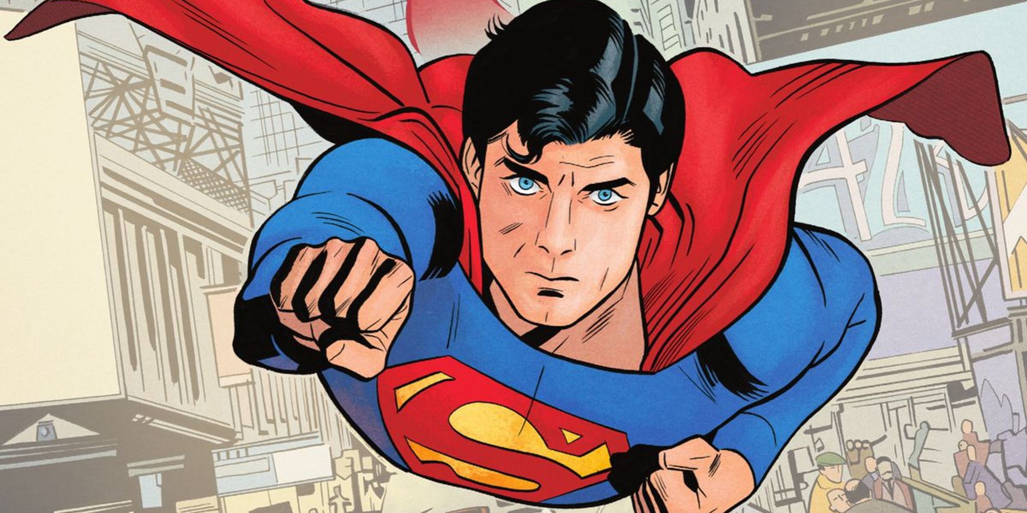 Christopher Reeve's Superman flying towards the camera in the Superman '78 comic