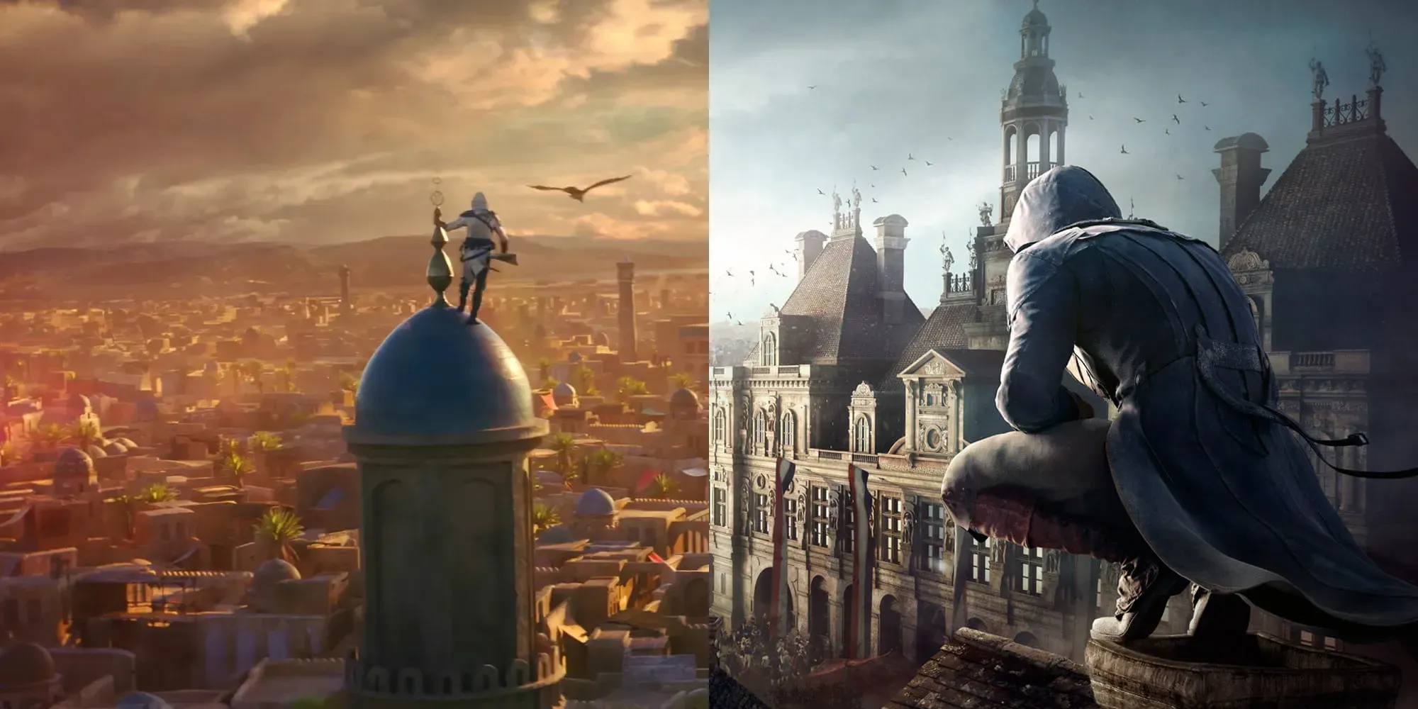 Image of Assassin's Creed protagonists overlooking Baghdad and Paris from Assassin's Creed Mirage and Unity.