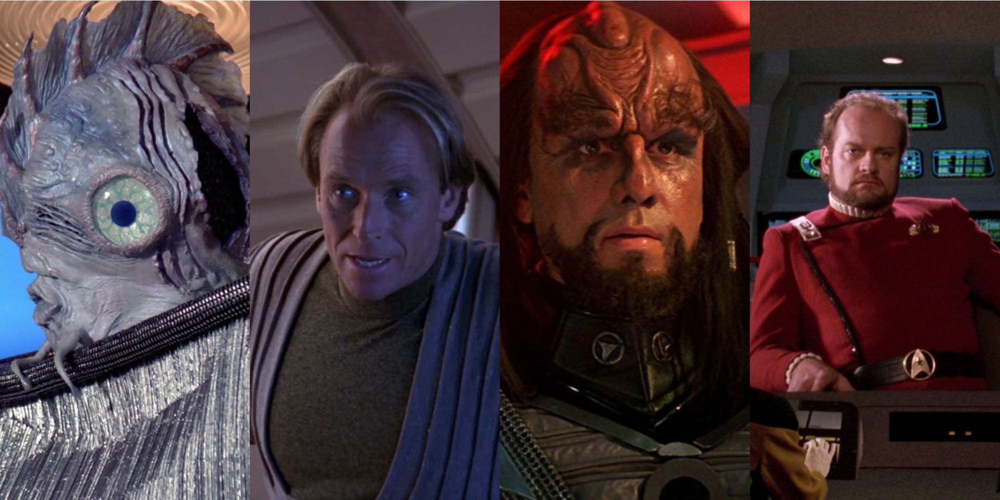 A split image of Star Trek cameo actors Mick Fleetwood, Corbin Bernsen, John Larroquette, and Kelsey Grammar is shown.