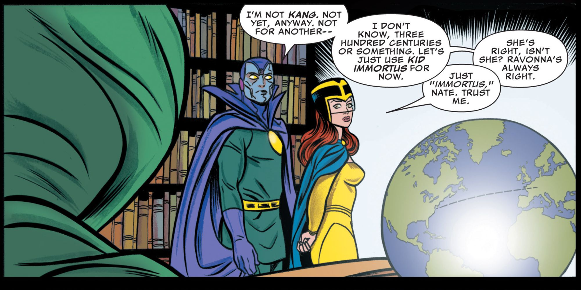 Kid Immortus and Ravonna Renslayer talk to Doctor Doom in Marvel Comics.