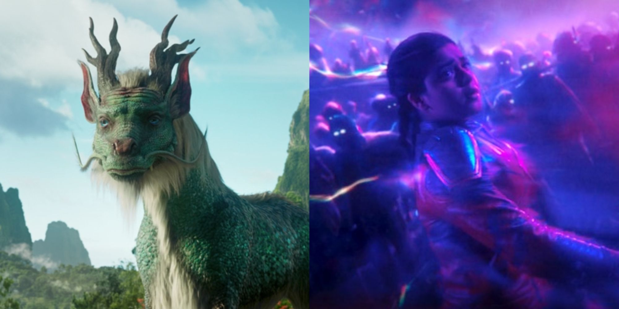 A split image of Shang Chi&rsquo;s mystic realm Ta-Lo and Kamala Kahn in the Noor dimension is shown.