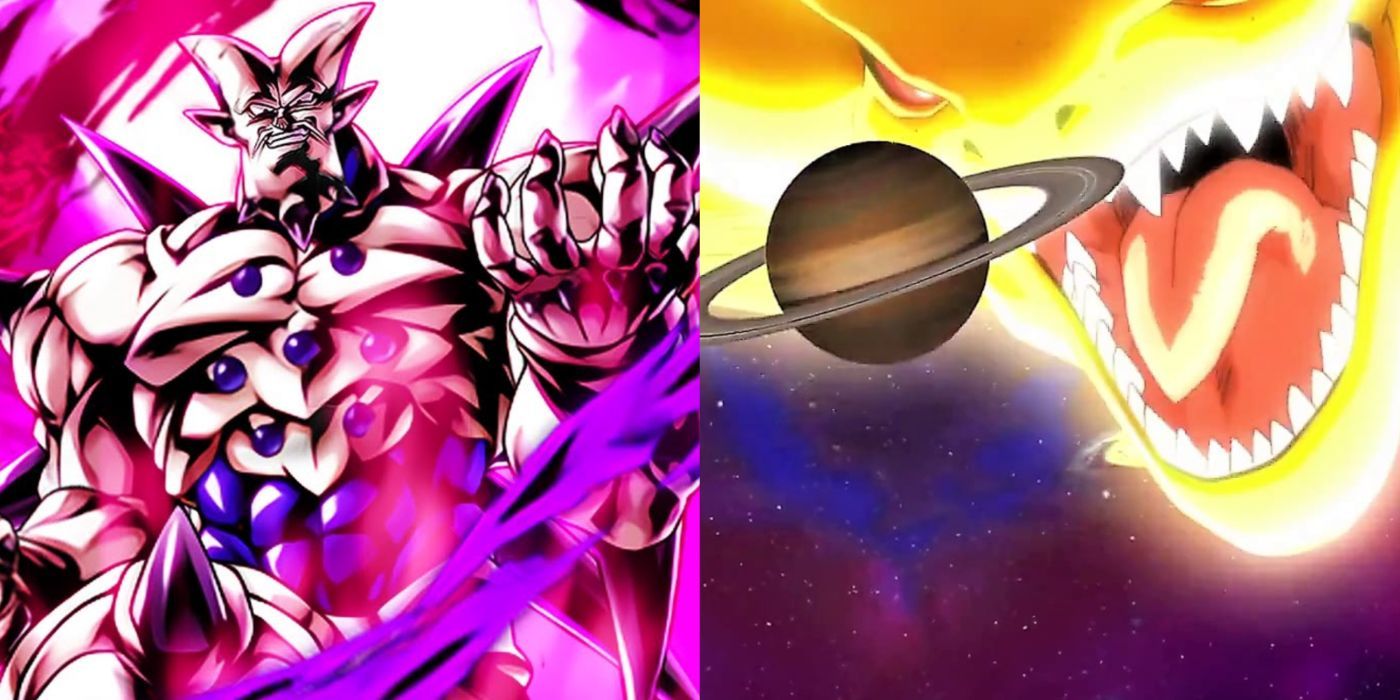 A split image of Omega Shenron and Super Shenron - Dragon Ball Legends / Dragon Ball Super.