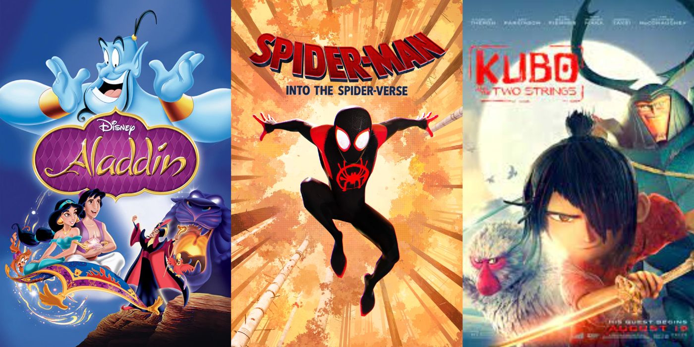 Three images of move posters for Aladdin, Into the Spider Verse, Kubo and the Two Strings.