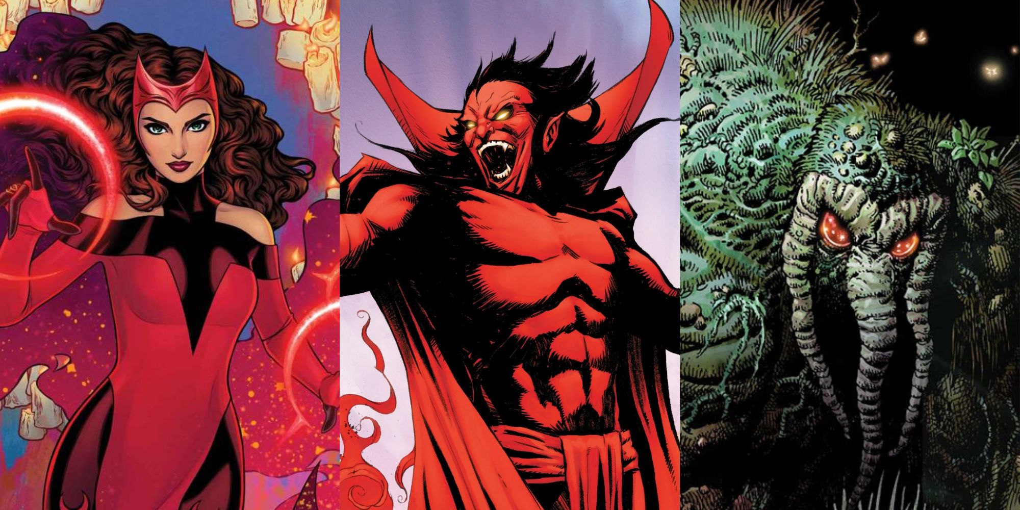 Split image of Scarlet Witch, Mephisto, and Man-Thing from Marvel Comics.