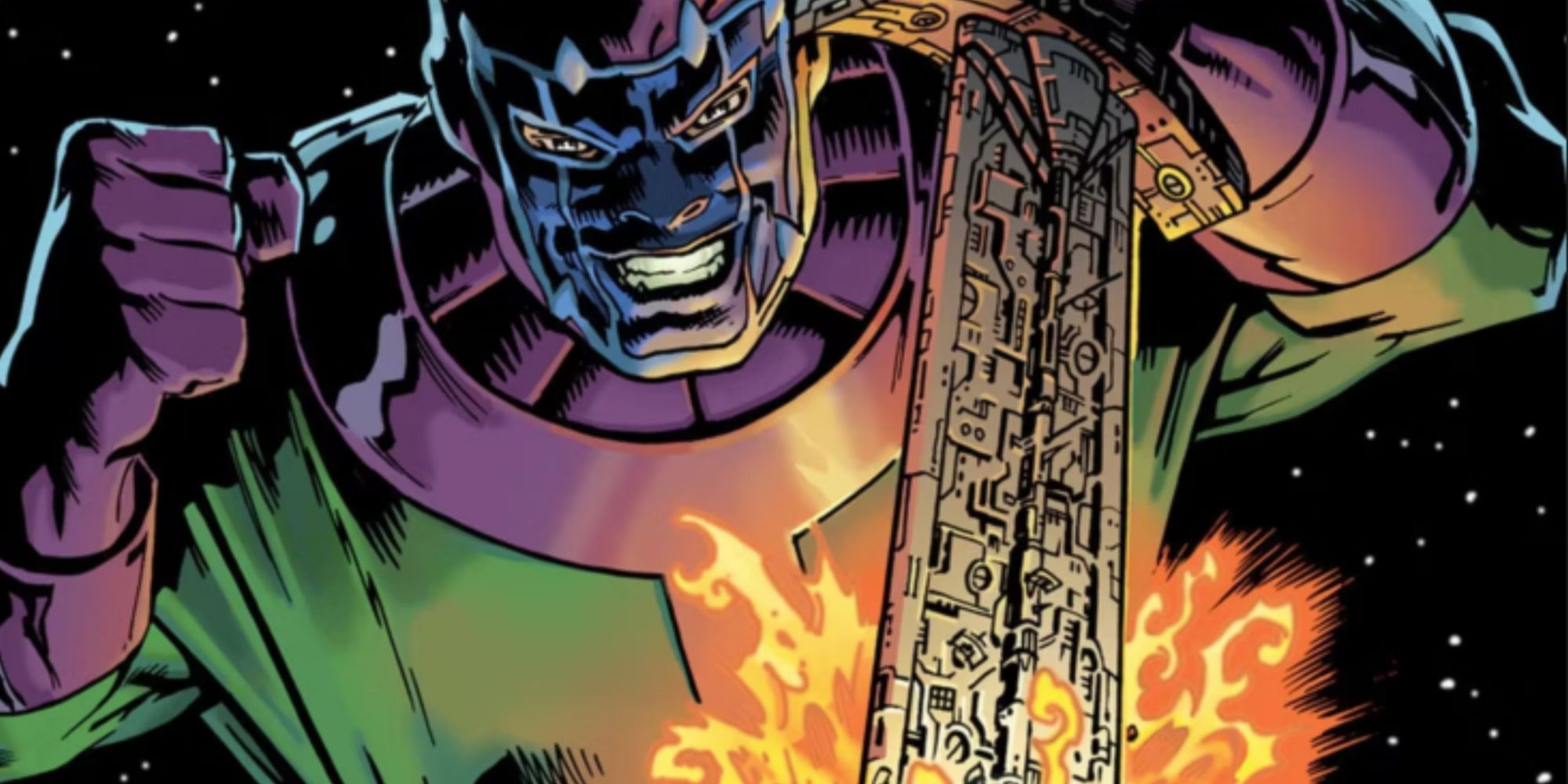 Kang The Conqueror plunges his sword into the world in Marvel Comics.
