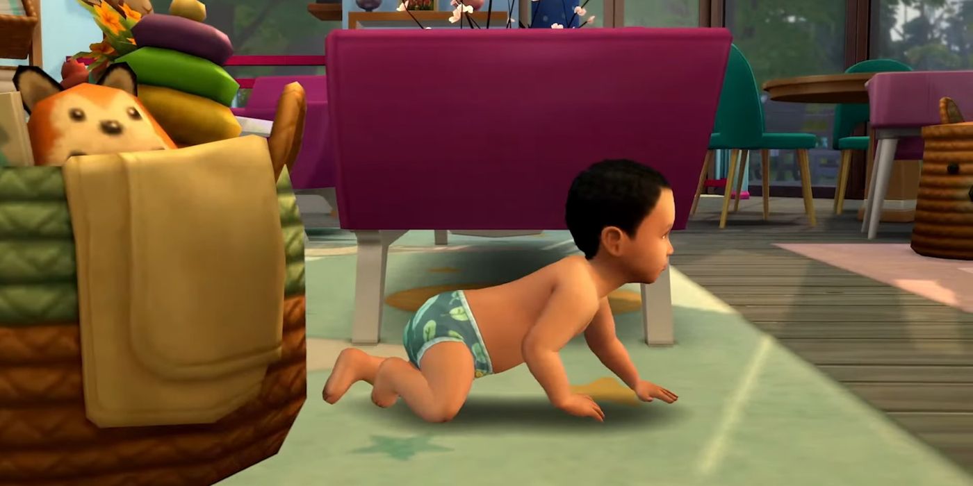 An infant in the Sims 4 crawls along rug in busy living room