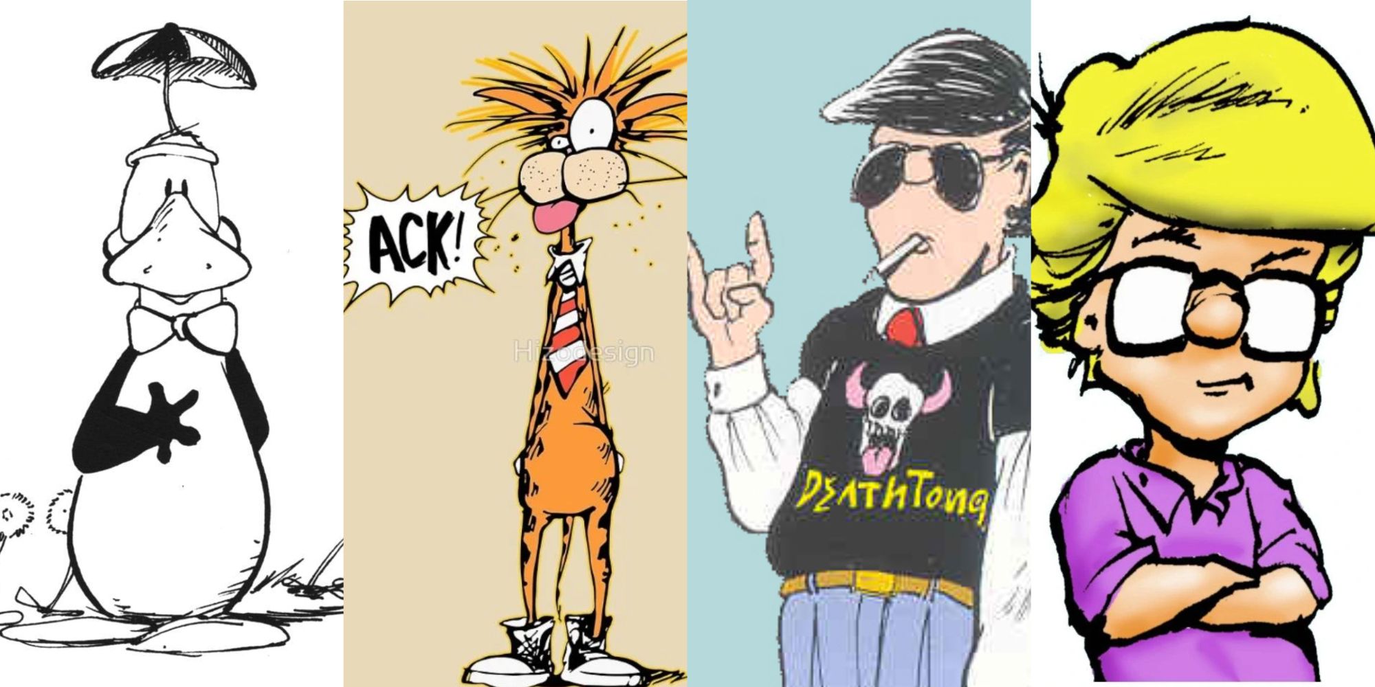 A split image of Opus, Bill, Steve Dallas, and Milo from the comic strip Bloom County is shown.