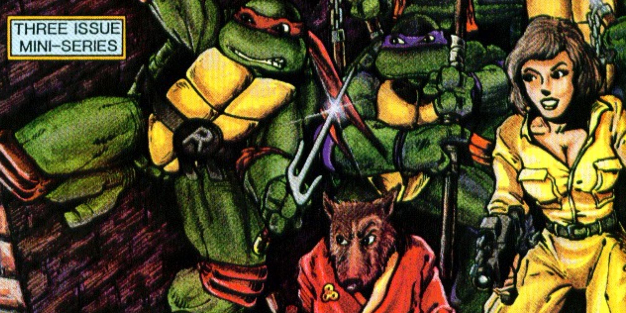Raphael, Donatello, April O'Neill, and Splinter enter a sewer in Teenage Mutant Ninja Turtles Adventures comics.