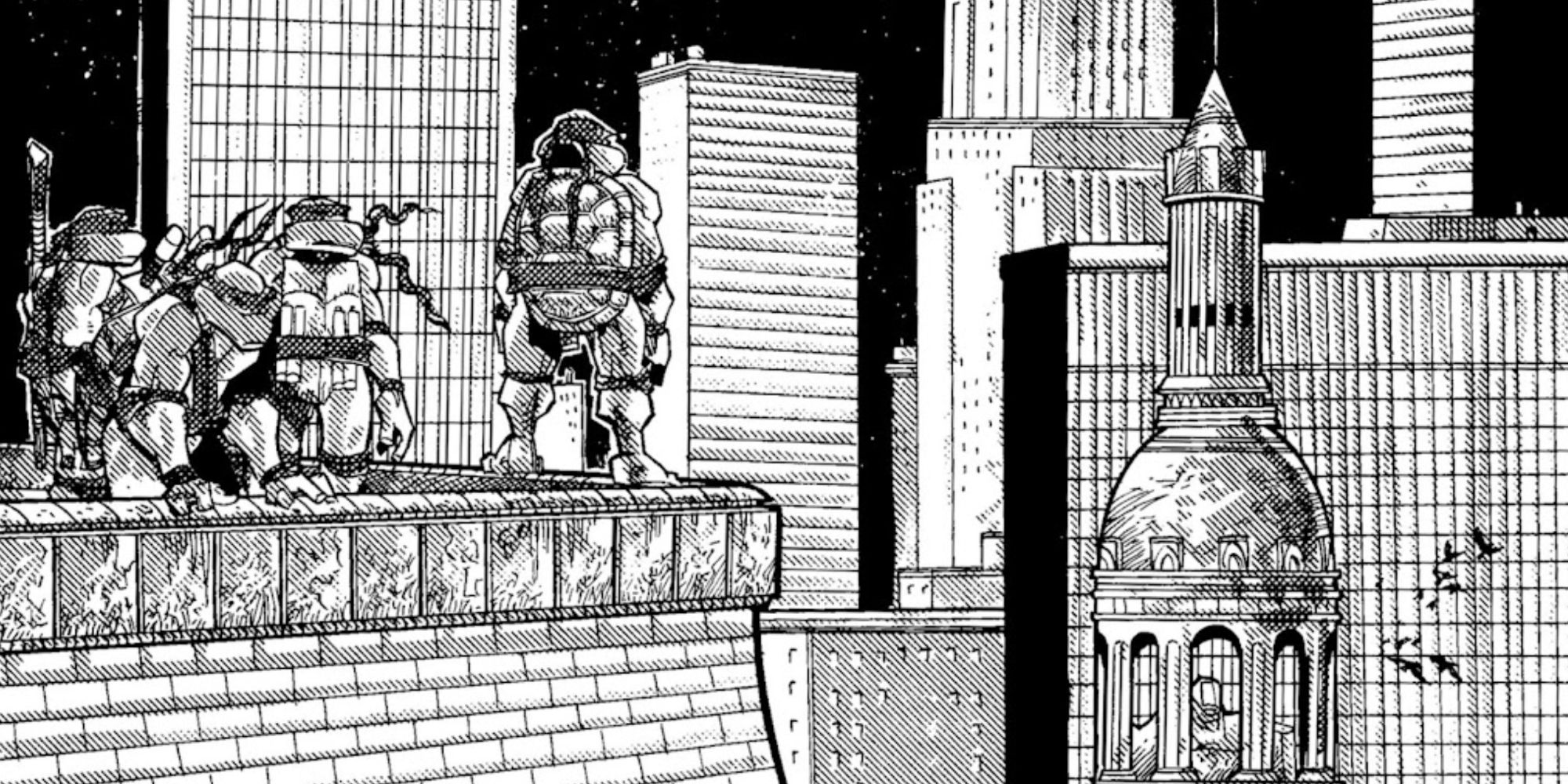 Teenage Mutant Ninja Turtles look out over the city in TMNT comics.